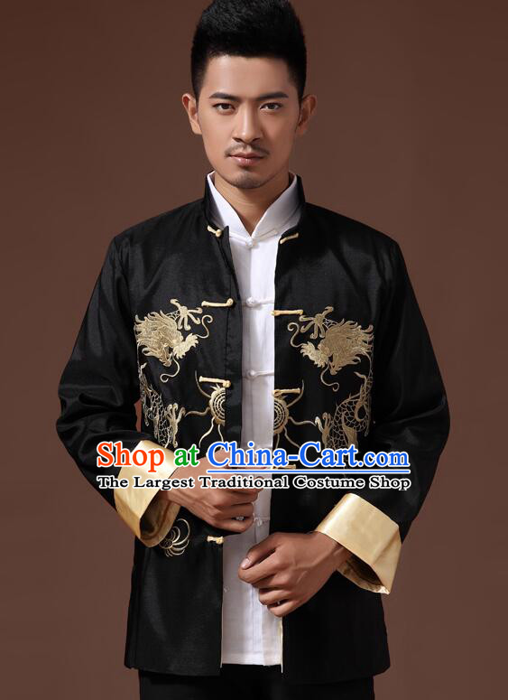 Chinese Embroidered Dragon Overcoat Handmade Mandarin Blouse Traditional Black Jacket for Men