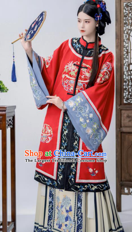 Chinese Ancient Noble Woman Costumes Traditional Clothing Ming Dynasty Young Lady Red Blouse and Beige Skirt Complete Set