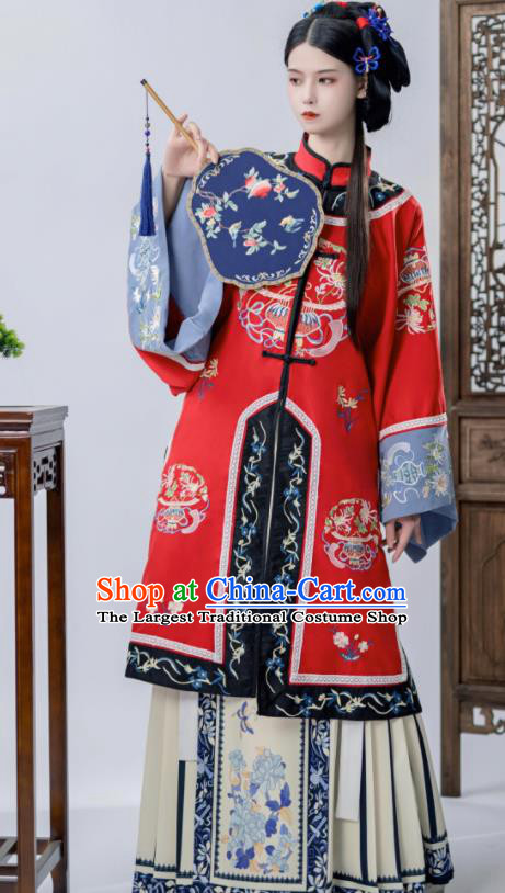 Chinese Ancient Noble Woman Costumes Traditional Clothing Ming Dynasty Young Lady Red Blouse and Beige Skirt Complete Set