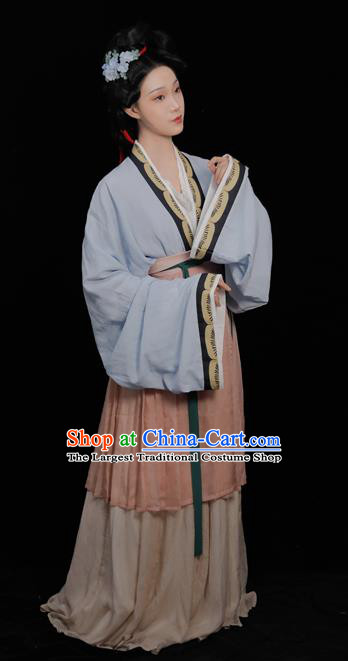 Chinese Traditional Hanfu Clothing Song Dynasty Young Woman Light Blue Dress Ancient Noble Beauty Costumes