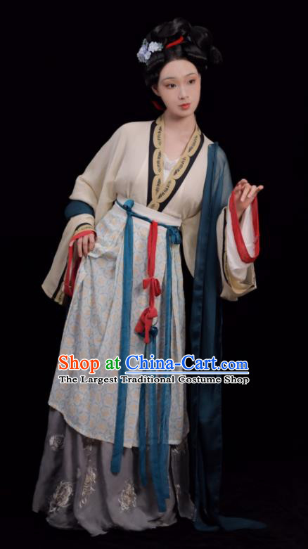 Chinese Ancient Noble Beauty Costumes Traditional Hanfu Clothing Song Dynasty Young Woman Apricot Dress