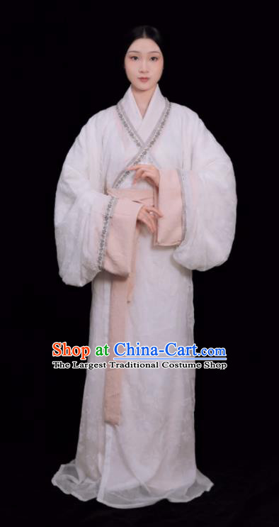 Chinese Han Dynasty Young Beauty White Dress Ancient Palace Lady Costumes Traditional Hanfu Curving Front Robe Qu Ju