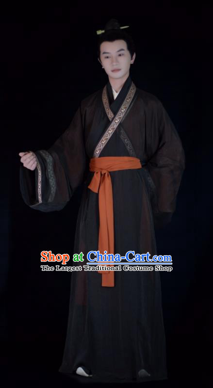 Chinese Ancient Young Man Straight Front Robes Traditional Hanfu Garment Costumes Han Dynasty Scholar Clothing