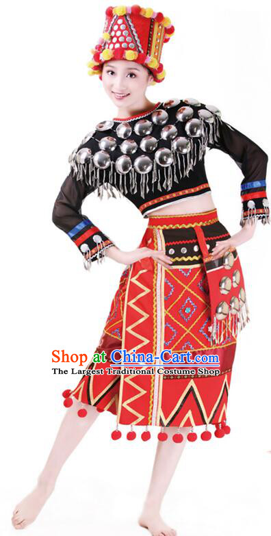 Chinese Yunnan Ethnic Garment Costumes Jingpo Nationality Woman Clothing Chingpo Minority Female Dress Uniform