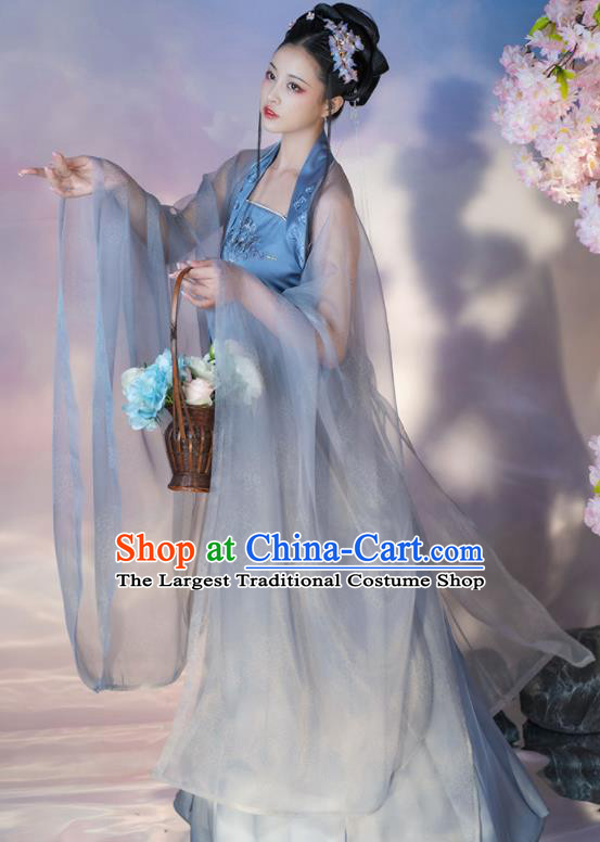 Chinese Traditional Garment Costumes Ancient Flower Fairy Clothing Tang Dynasty Princess Blue Hanfu Dress