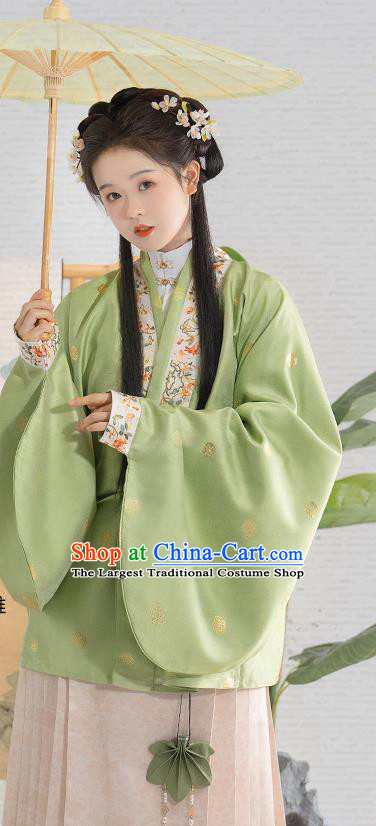 Chinese Ming Dynasty Young Woman Garment Costumes Ancient Princess Green Jacket White Shirt and Beige Skirt Complete Set