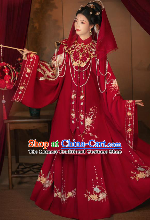 Chinese Ming Dynasty Bride Costumes Ancient Young Woman Red Dresses Traditional Wedding Hanfu Garments
