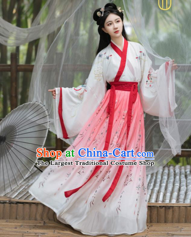 Chinese Ancient Swordswoman Pink Dresses Traditional Hanfu Costumes Jin Dynasty Young Woman Clothing