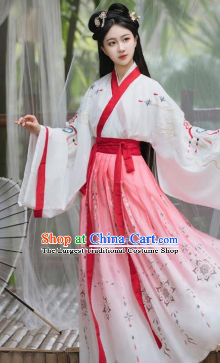 Chinese Ancient Swordswoman Pink Dresses Traditional Hanfu Costumes Jin Dynasty Young Woman Clothing