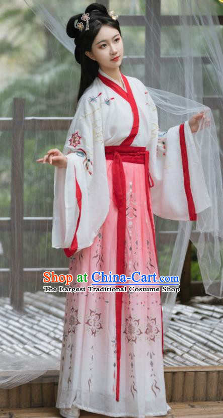 Chinese Ancient Swordswoman Pink Dresses Traditional Hanfu Costumes Jin Dynasty Young Woman Clothing