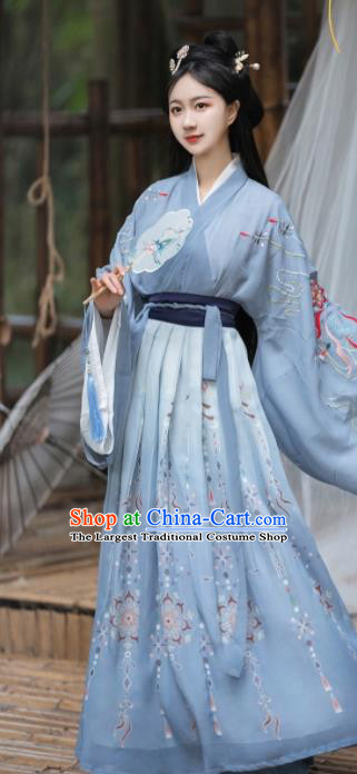 Chinese Jin Dynasty Young Woman Clothing Ancient Swordswoman Blue Dresses Traditional Noble Lady Hanfu Costumes