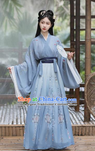 Chinese Jin Dynasty Young Woman Clothing Ancient Swordswoman Blue Dresses Traditional Noble Lady Hanfu Costumes