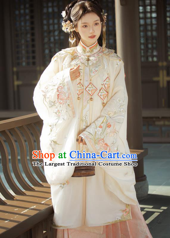 Chinese Traditional Noble Lady Hanfu Costumes Ming Dynasty Young Woman Clothing Ancient Princess Beige Long Gown and Pink Skirt Complete Set