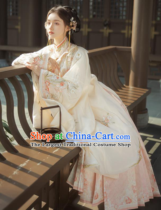 Chinese Traditional Noble Lady Hanfu Costumes Ming Dynasty Young Woman Clothing Ancient Princess Beige Long Gown and Pink Skirt Complete Set