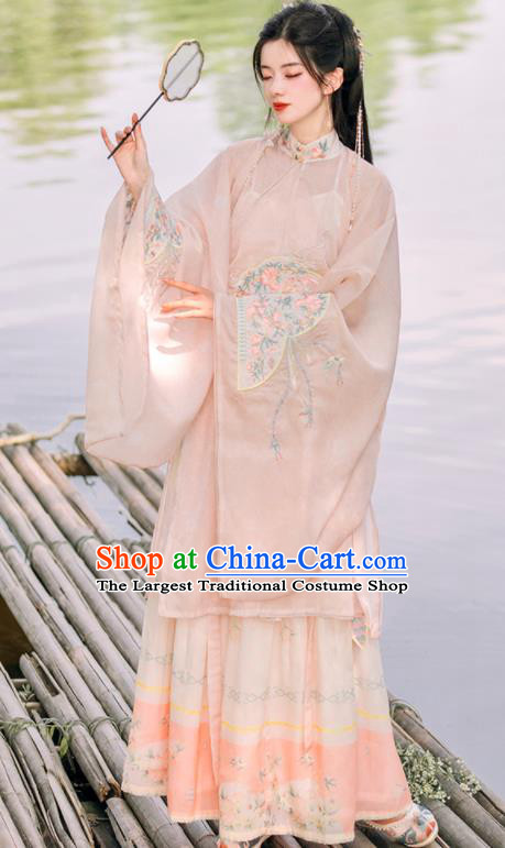 Chinese Ming Dynasty Young Woman Embroidered Clothing Ancient Princess Dresses Traditional Hanfu Pink Long Gown and Skirt Complete Set