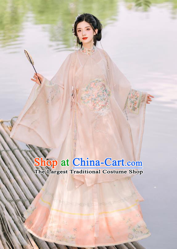 Chinese Ming Dynasty Young Woman Embroidered Clothing Ancient Princess Dresses Traditional Hanfu Pink Long Gown and Skirt Complete Set