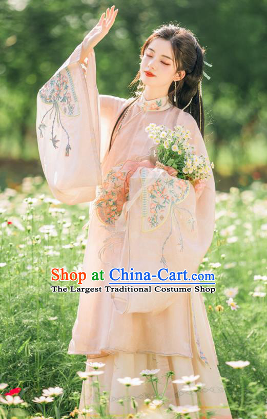 Chinese Ming Dynasty Young Woman Embroidered Clothing Ancient Princess Dresses Traditional Hanfu Pink Long Gown and Skirt Complete Set