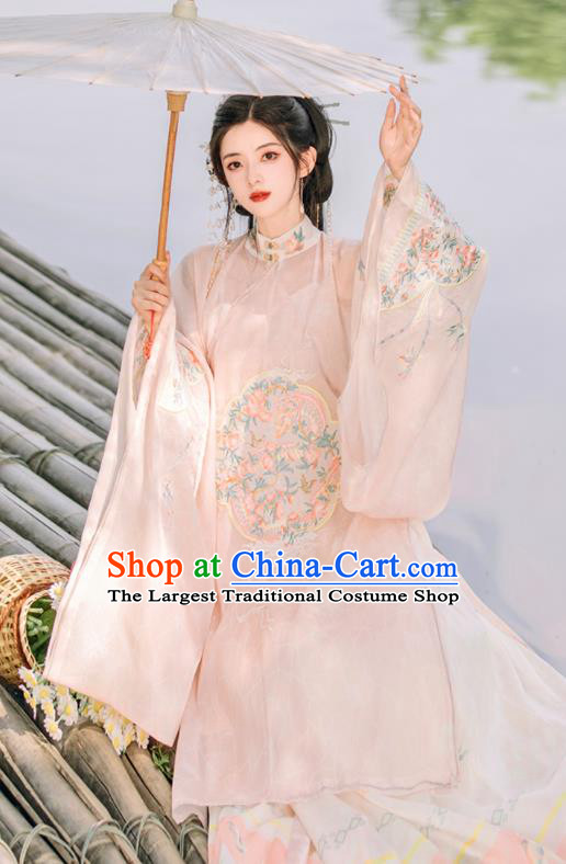 Chinese Ming Dynasty Young Woman Embroidered Clothing Ancient Princess Dresses Traditional Hanfu Pink Long Gown and Skirt Complete Set