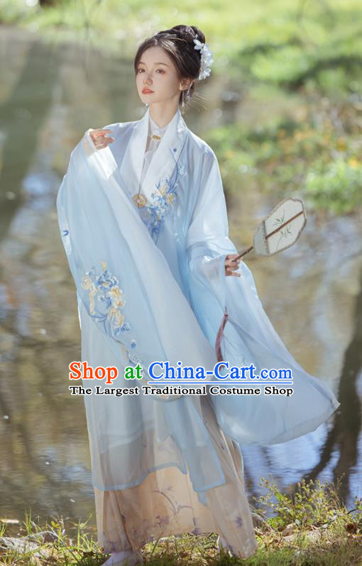 Chinese Ming Dynasty Embroidered Clothing Ancient Court Woman Dresses Traditional Hanfu Blue Long Cape Blouse and Beige Skirt Complete Set