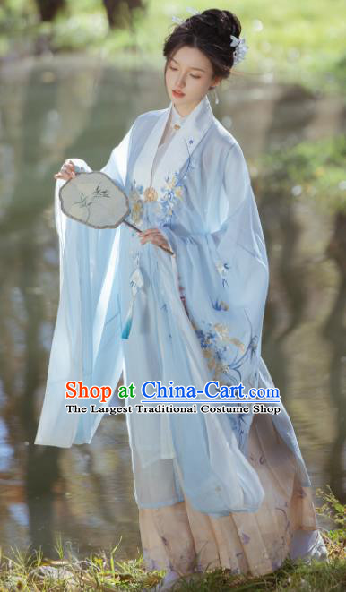 Chinese Ming Dynasty Embroidered Clothing Ancient Court Woman Dresses Traditional Hanfu Blue Long Cape Blouse and Beige Skirt Complete Set
