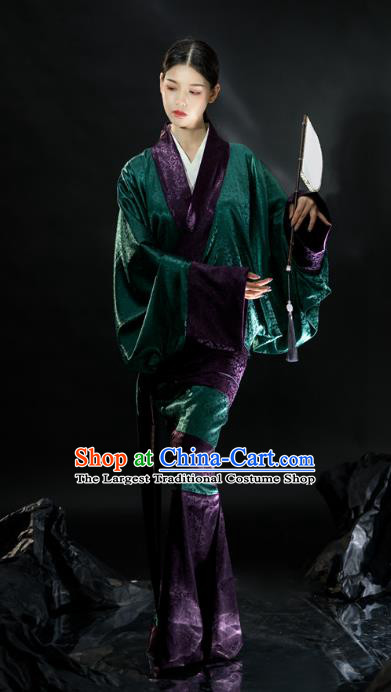Chinese Ancient Court Woman Green Dress Hanfu Curving Front Robe Qu Ju Han Dynasty Historical Costume