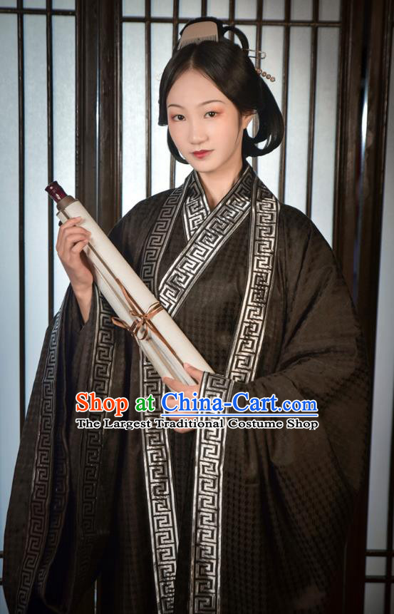 Chinese Ancient Court Woman Black Dresses Hanfu Straight Front Robe Zhi Ju Han Dynasty Elder Princess Zhan Yang Historical Costumes