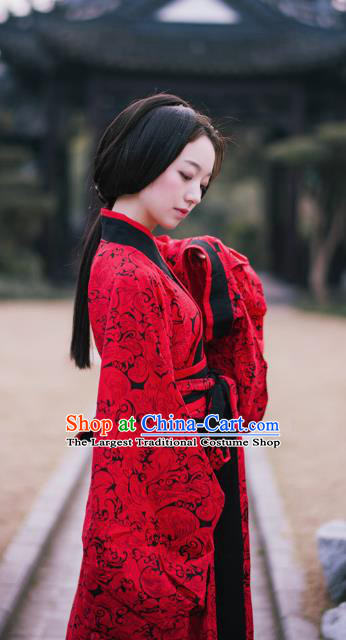 Chinese Ancient Royal Empress Red Dress Hanfu Qu Ju Curving Front Robe Han Dynasty Noble Woman Historical Costume