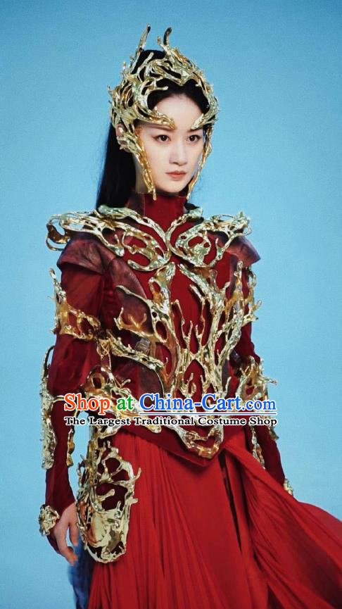 Chinese Ancient Swordswoman Red Clothing Female General Dress TV Series Love Between Fairy and Devil Goddess of War Garment Costumes
