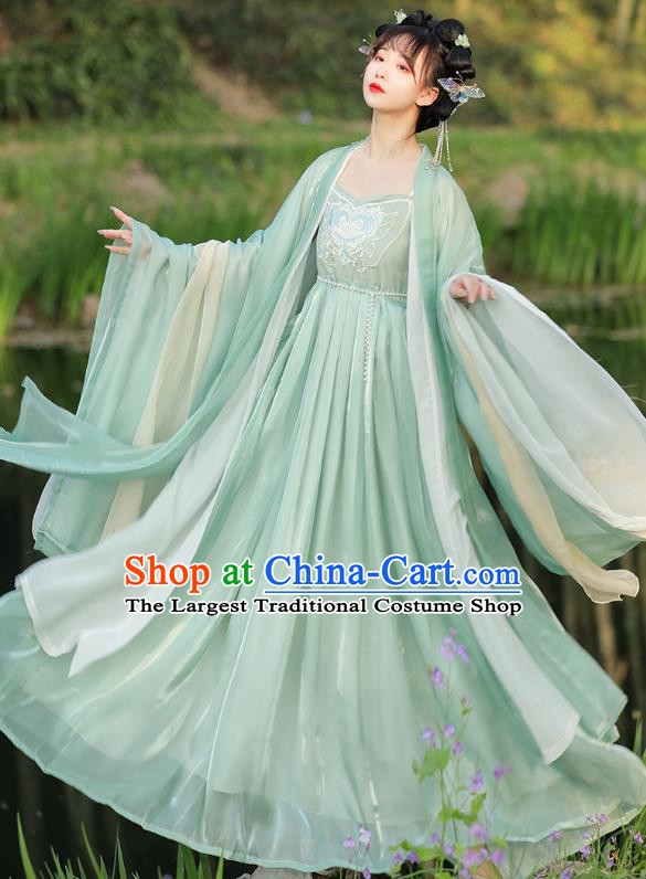 Chinese Tang Dynasty Princess Clothing Ancient Young Woman Costume Traditional Light Green Hezi Dress and Cape Complete Set