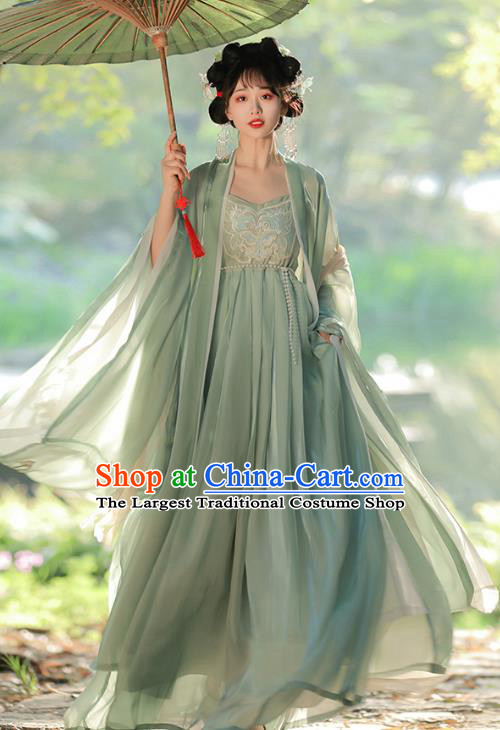 Chinese Tang Dynasty Princess Clothing Ancient Young Woman Costume Traditional Light Green Hezi Dress and Cape Complete Set