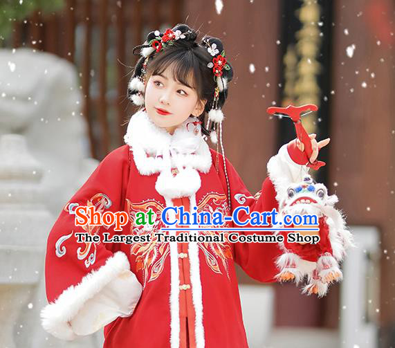 Chinese Ming Dynasty Young Lady Costumes Traditional Winter Red Dresses Ancient Female Clothing