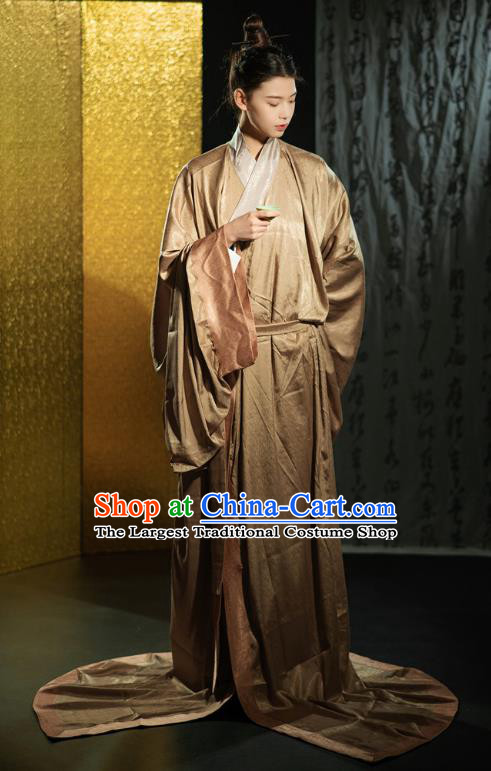 Chinese Qin Dynasty Prince Brown Straight Front Robe Ancient Swordsman Clothing Traditional Han Fu