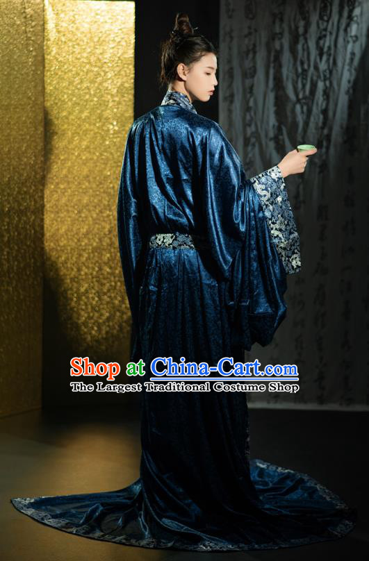Chinese Traditional Han Fu Qin Dynasty Prince Blue Straight Front Robe Ancient Swordsman Clothing