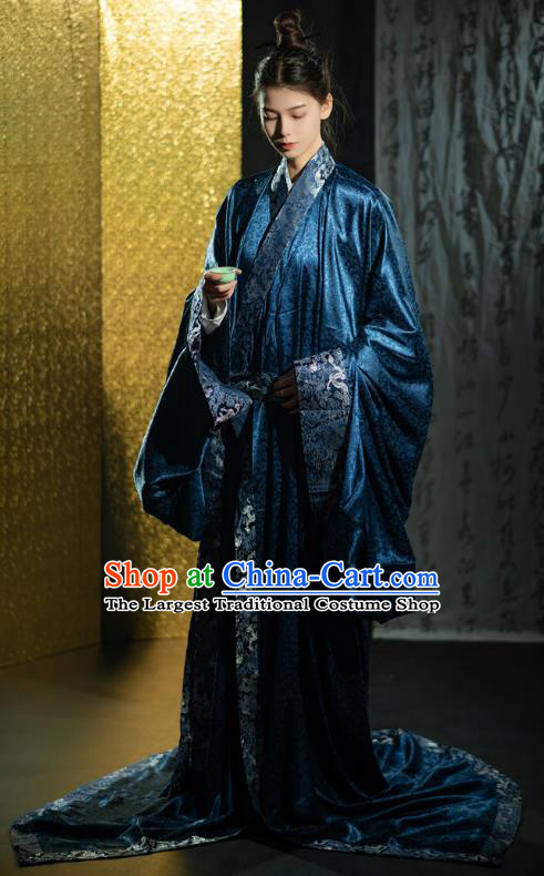 Chinese Traditional Han Fu Qin Dynasty Prince Blue Straight Front Robe Ancient Swordsman Clothing