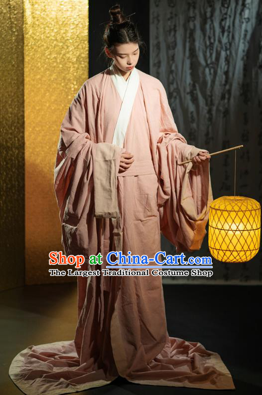 Chinese Ancient Swordsman Clothing Traditional Han Fu Qin Dynasty Prince Pink Straight Front Robe