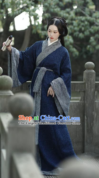 Chinese Qin Dynasty Princess Straight Front Robe Ancient Palace Lady Clothing Traditional Han Fu Deep Blue Dress