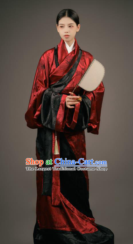 Chinese Han Dynasty Court Woman Costume Ancient Palace Maid Clothing Traditional Han Fu Dark Red Curving Front Robe