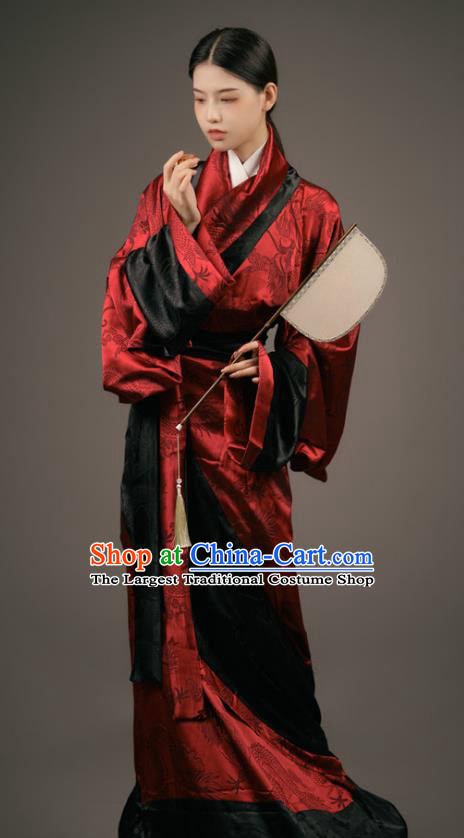 Chinese Han Dynasty Court Woman Costume Ancient Palace Maid Clothing Traditional Han Fu Dark Red Curving Front Robe