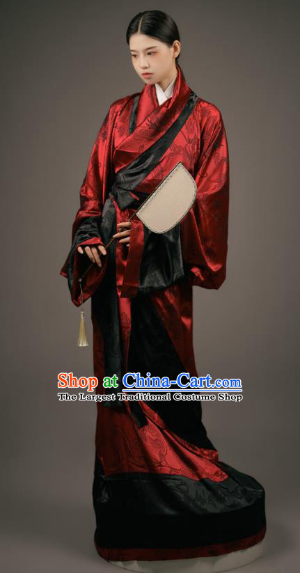 Chinese Han Dynasty Court Woman Costume Ancient Palace Maid Clothing Traditional Han Fu Dark Red Curving Front Robe