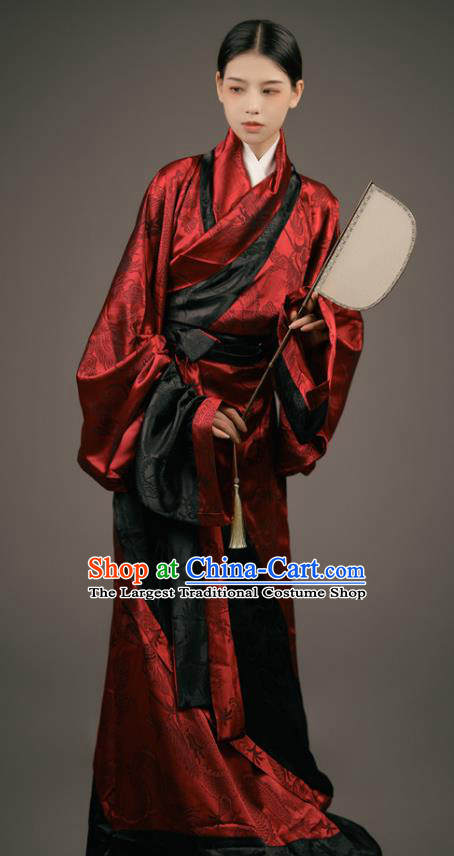 Chinese Han Dynasty Court Woman Costume Ancient Palace Maid Clothing Traditional Han Fu Dark Red Curving Front Robe