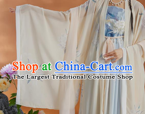 Chinese Tang Dynasty Princess Clothing Ancient Palace Beauty Garment Costumes Traditional Beige Cape and Blue Hezi Dress Complete Set
