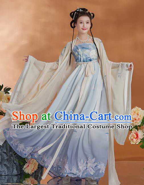 Chinese Tang Dynasty Princess Clothing Ancient Palace Beauty Garment Costumes Traditional Beige Cape and Blue Hezi Dress Complete Set
