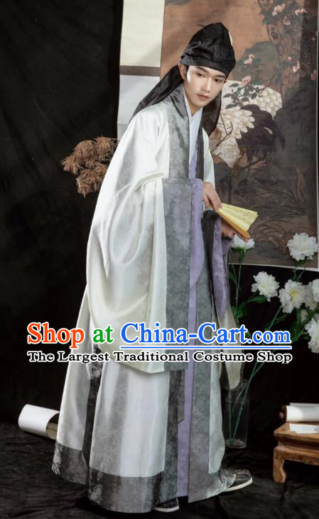 Chinese Ancient Scholar t Costumes Hanfu Cape and Lilac Gown Ming Dynasty Young Man Clothing Complete Set