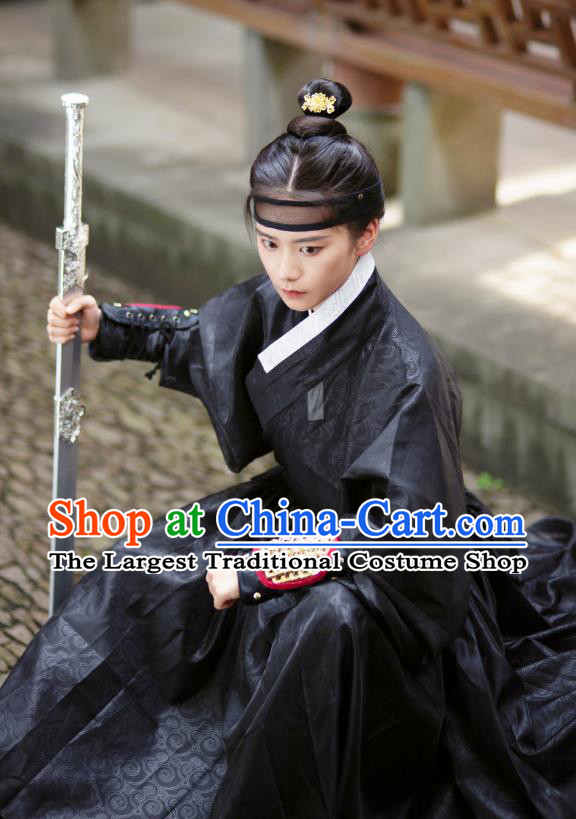 Chinese Hanfu Yisan Black Gown Ming Dynasty Swordsman Clothing Ancient Young Knight Costume