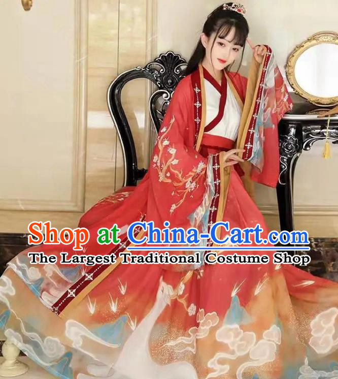 Chinese Ancient Young Swordswoman Clothing Jin Dynasty Princess Garment Costumes Hanfu Red Dresses