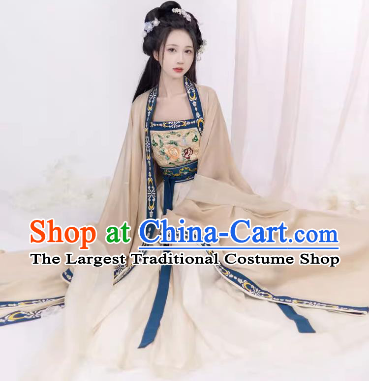 Chinese Hanfu Ru Qun Beige Dresses Ancient Flower Goddess Clothing Tang Dynasty Court Princess Garment Costumes