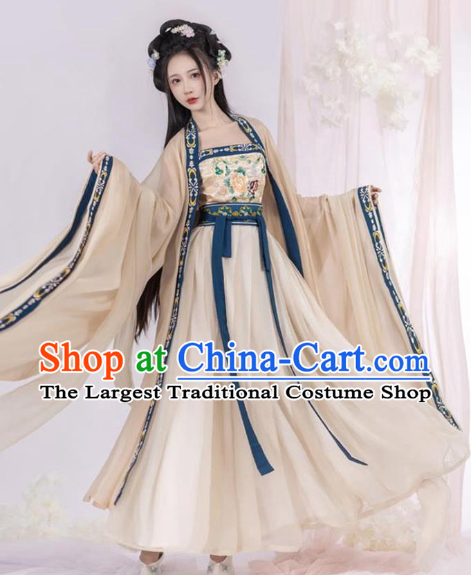 Chinese Hanfu Ru Qun Beige Dresses Ancient Flower Goddess Clothing Tang Dynasty Court Princess Garment Costumes