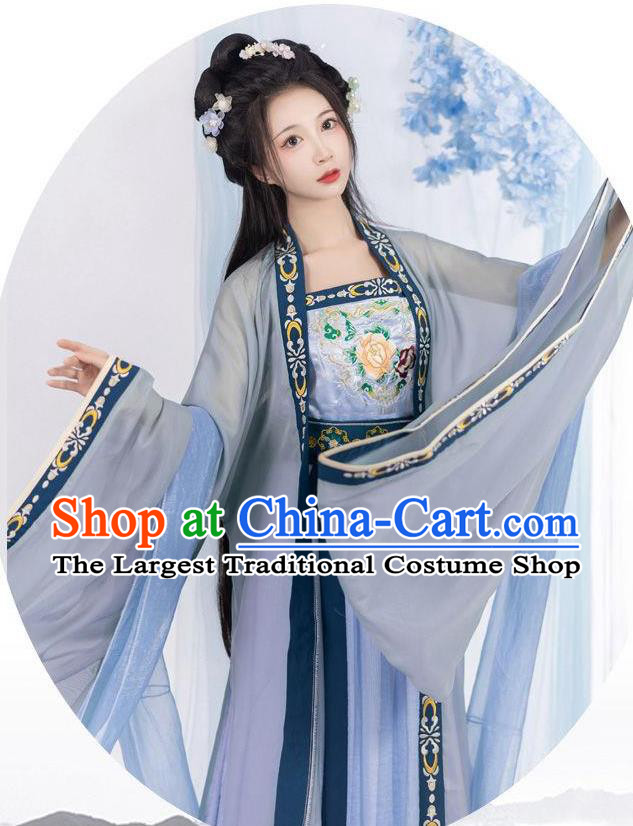 Chinese Ancient Palace Woman Blue Dresses Tang Dynasty Imperial Princess Garment Costumes Ruqun Hanfu Clothing