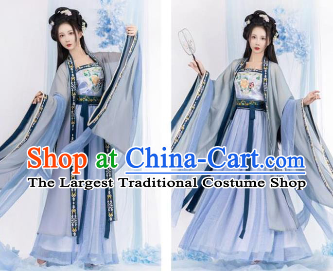 Chinese Ancient Palace Woman Blue Dresses Tang Dynasty Imperial Princess Garment Costumes Ruqun Hanfu Clothing