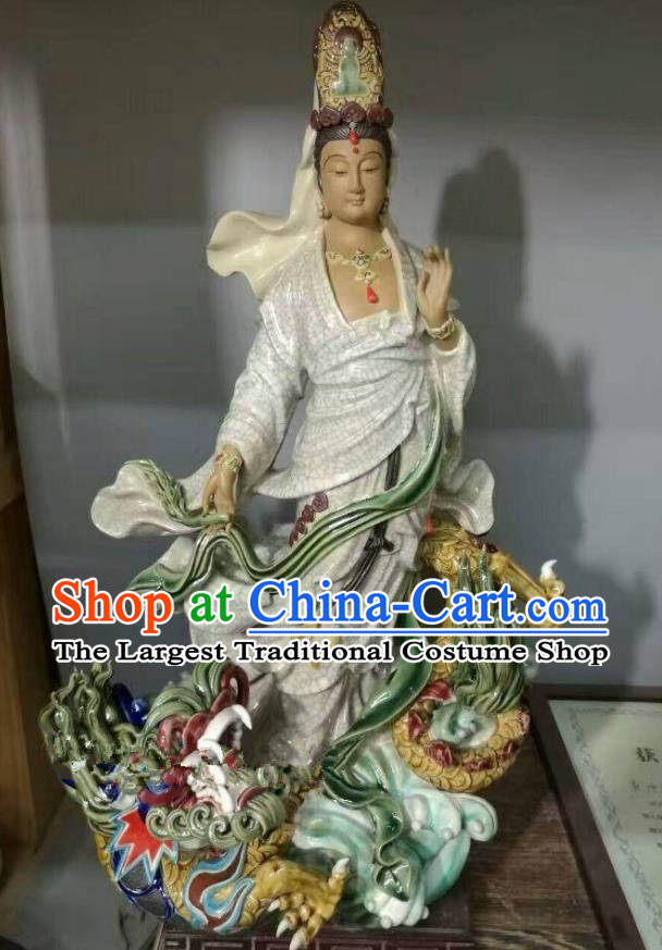 Chinese Guan Yin with Dragon Statue Shiwan Ceramic Avalokitesvara Sculpture Kwan Yin Figurine